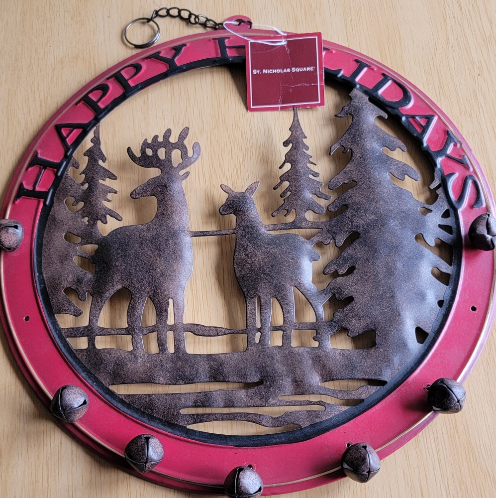 St. Nicholas Square Red and Brown Deer Metal Holiday Wreath With Bells. - Picture 2 of 10